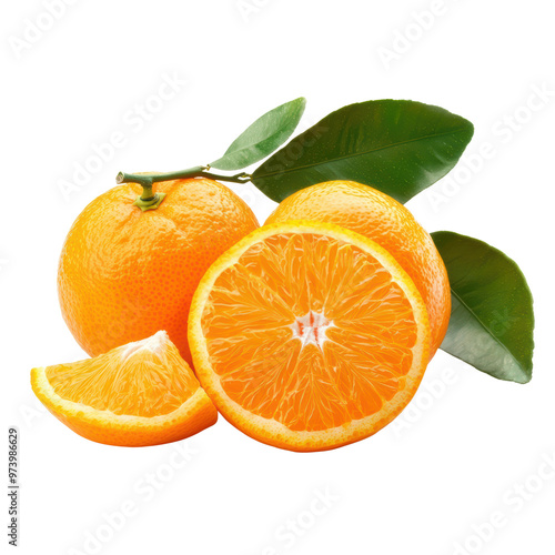 Fresh Juicy Oranges with Green Leaves Isolated on Background