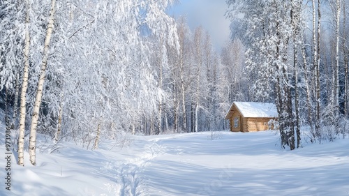 A serene winter landscape featuring a cozy cabin surrounded by snow-covered trees, creating a peaceful atmosphere.