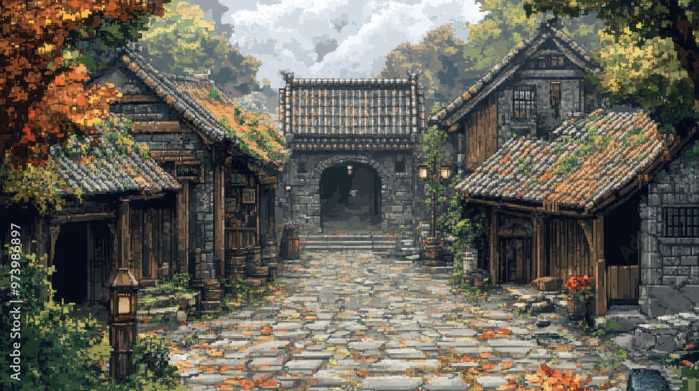 Fototapeta premium Retro Pixelated Medieval Village with Earthy Hues and Flickering Lanterns, Vintage 8-Bit Fantasy Landscape