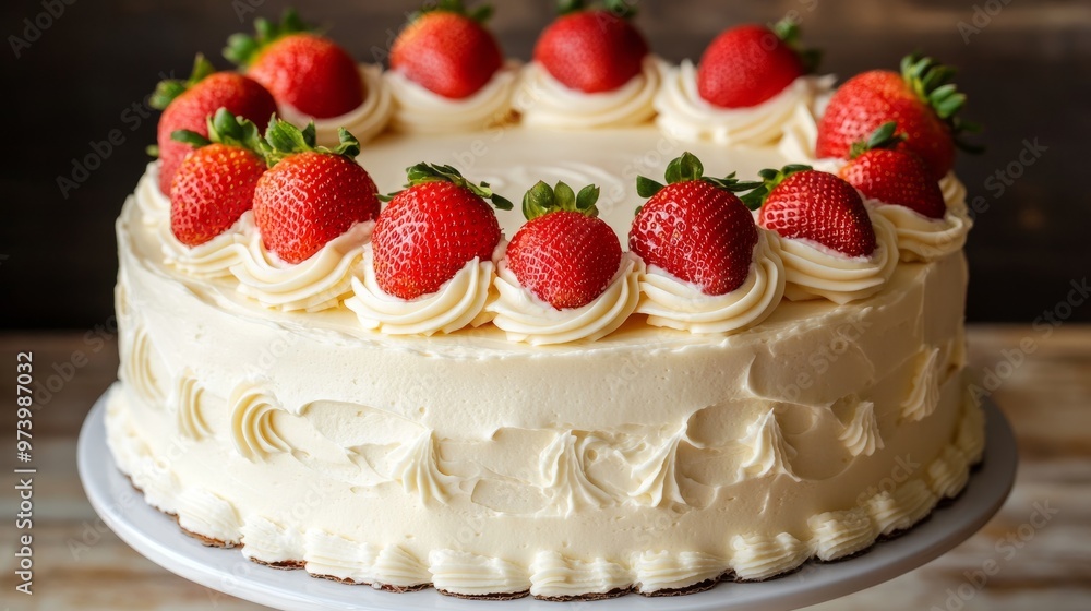 An elegant strawberry and cream cake, featuring a smooth, creamy frosting and decorated with whole strawberries arranged in a circular pattern. An elegant strawberry and cream cake, featuring a smooth, creamy frosting and decorated with whole strawberries arranged in a circular pattern.