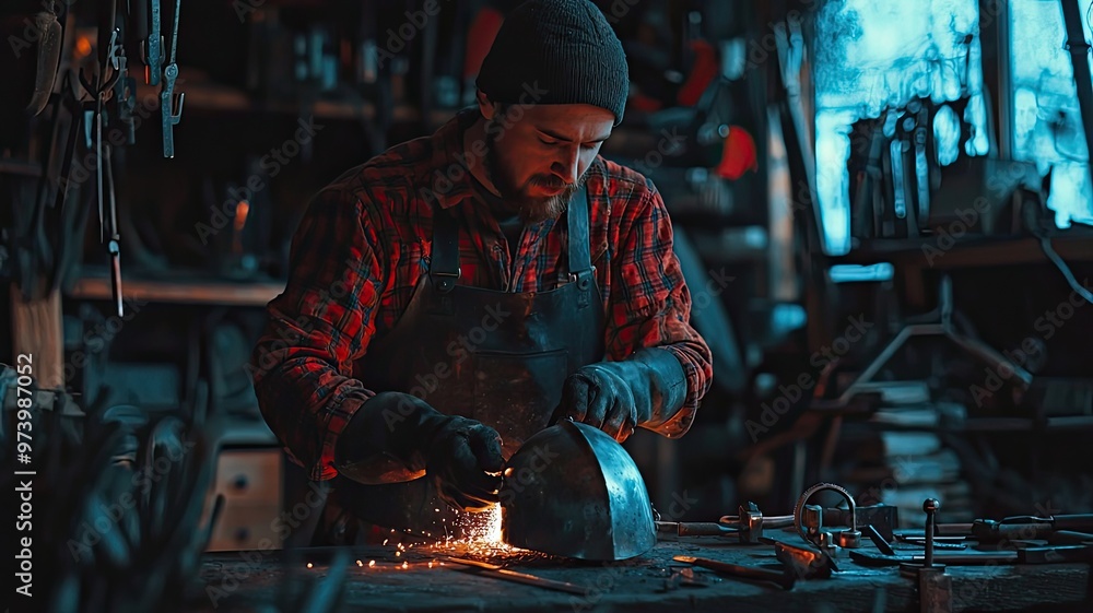 A skilled craftsman meticulously works on metal in a dimly lit workshop, sparks flying amidst a collection of tools and materials. A skilled craftsman meticulously works on metal in a dimly lit workshop, sparks flying amidst a collection of tools and materials.