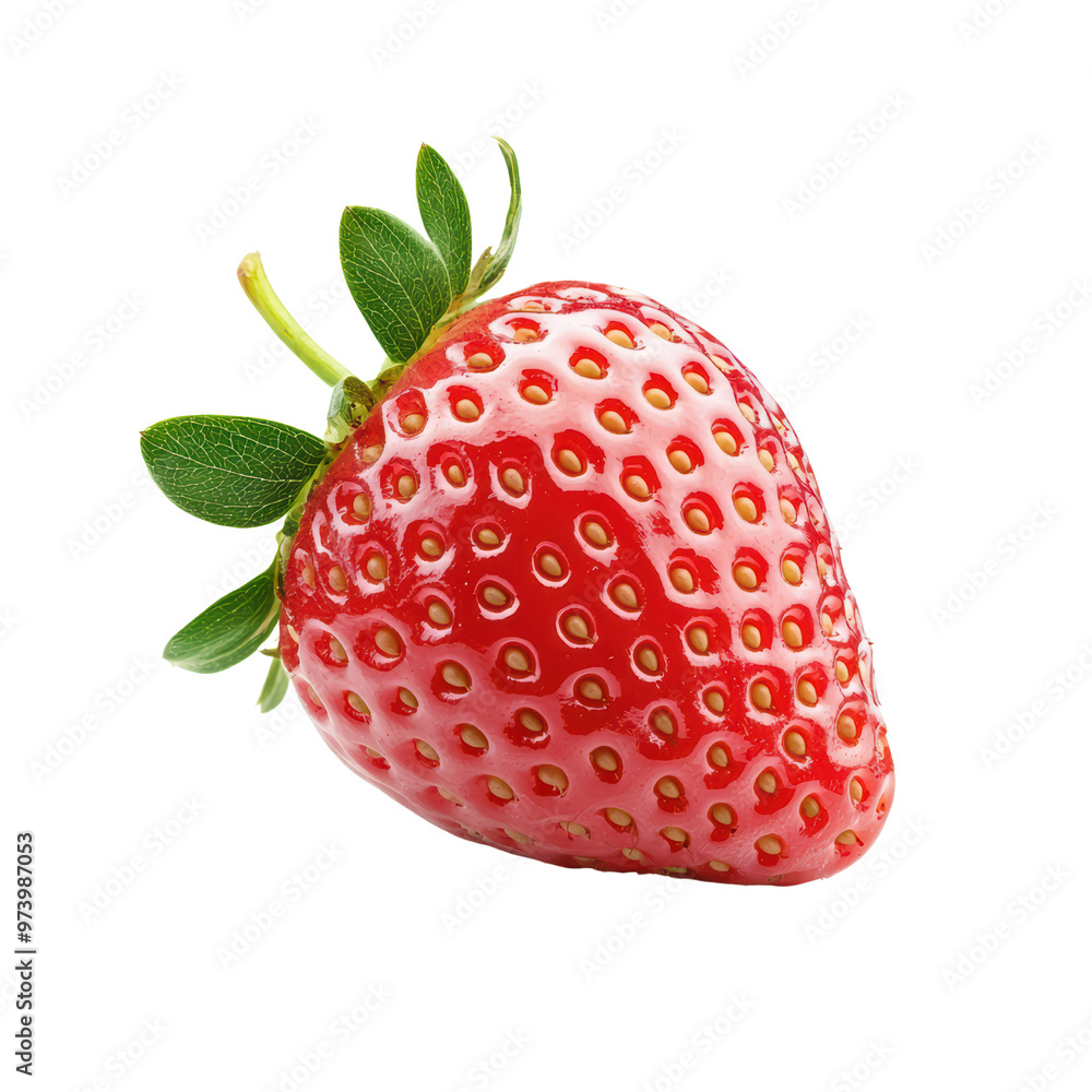 Fresh Ripe Strawberry Isolated on Background with Green Leaves and Seeds Visible Fresh Ripe Strawberry Isolated on Background with Green Leaves and Seeds Visible