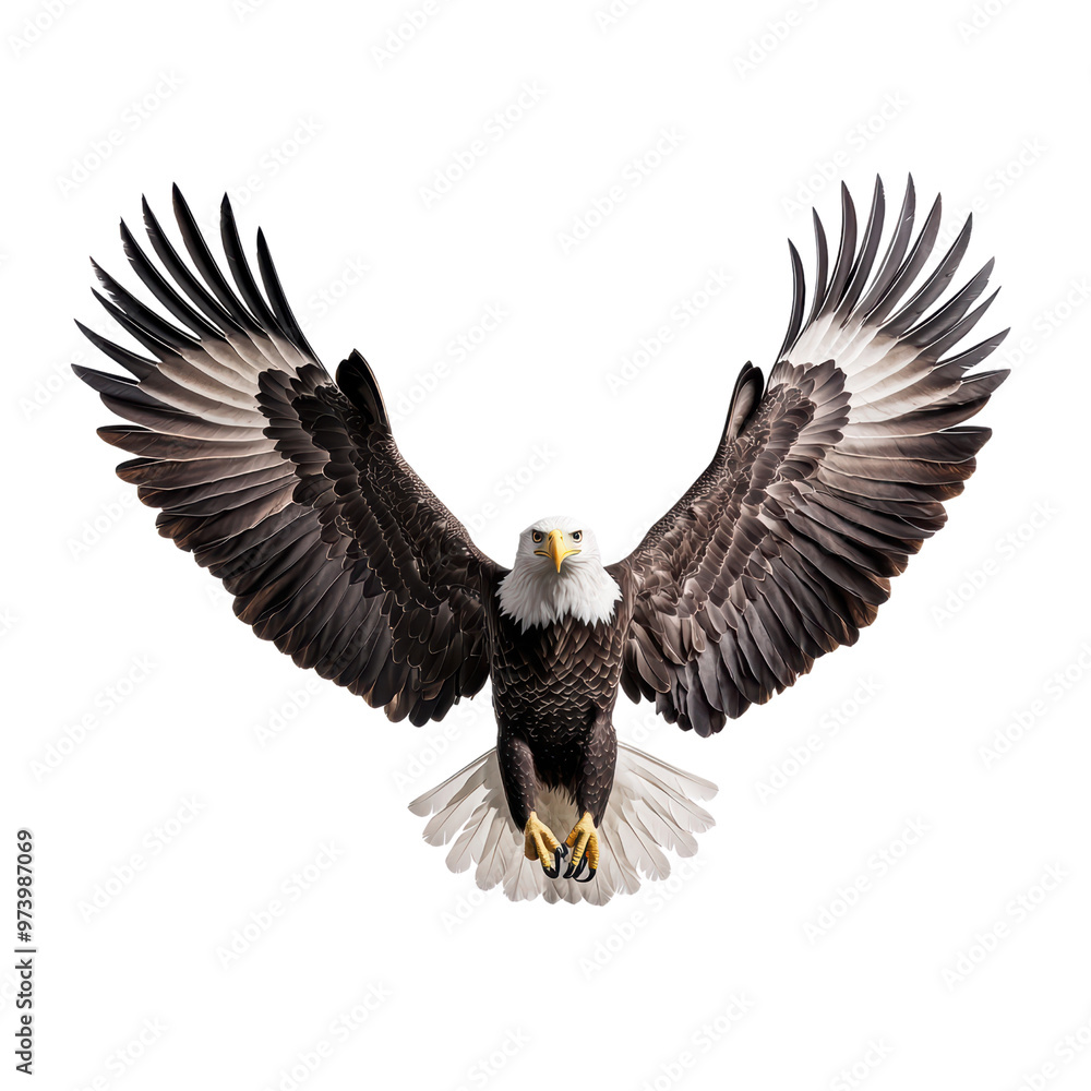 Fototapeta premium Majestic Bald Eagle in Flight with Wings Fully Spread Against Background
