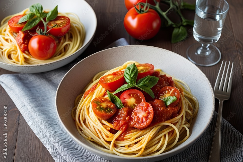 Beautifully Plated Spaghetti with Fresh Tomatoes and Rich Savory Sauce Beautifully Plated Spaghetti with Fresh Tomatoes and Rich Savory Sauce