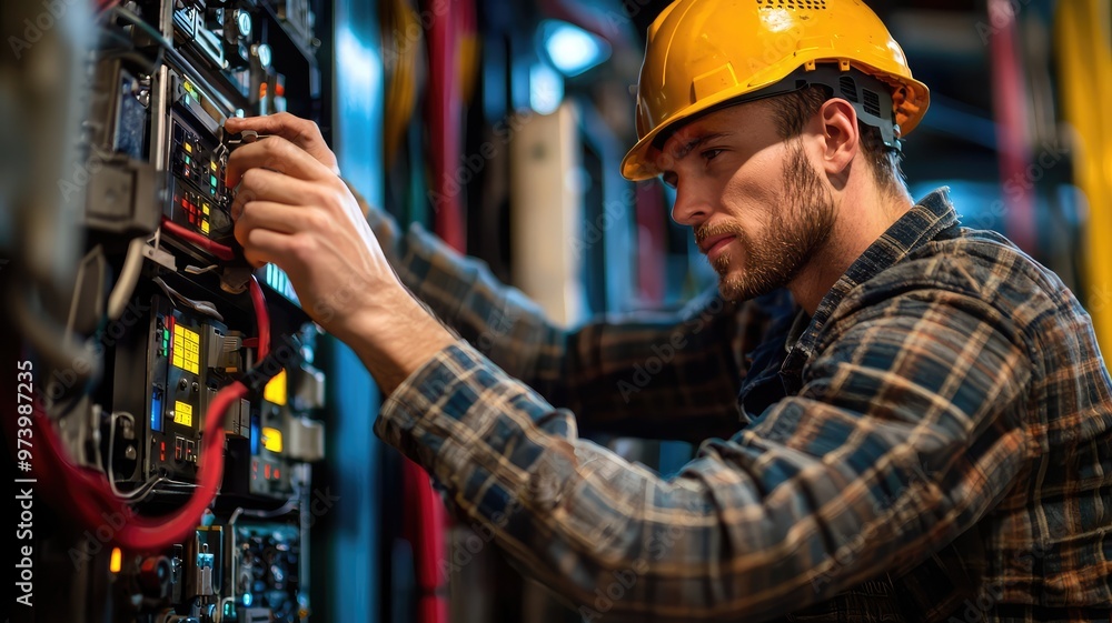 A skilled technician wearing a hard hat working on electrical equipment, showcasing safety and professionalism in a technical environment. A skilled technician wearing a hard hat working on electrical equipment, showcasing safety and professionalism in a technical environment.