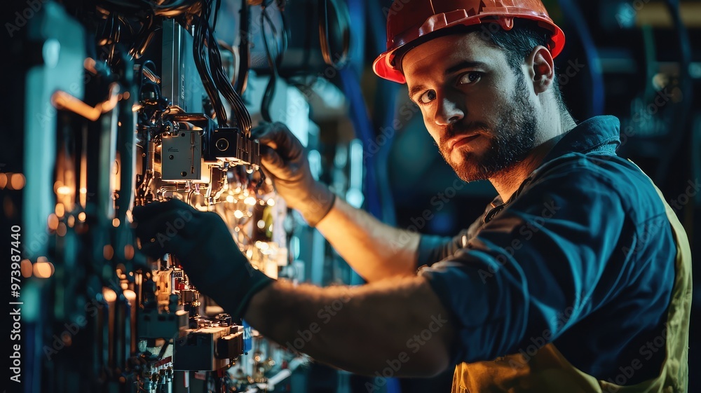 A skilled worker focused on machinery maintenance in a dimly lit industrial setting, showcasing dedication and expertise. A skilled worker focused on machinery maintenance in a dimly lit industrial setting, showcasing dedication and expertise.