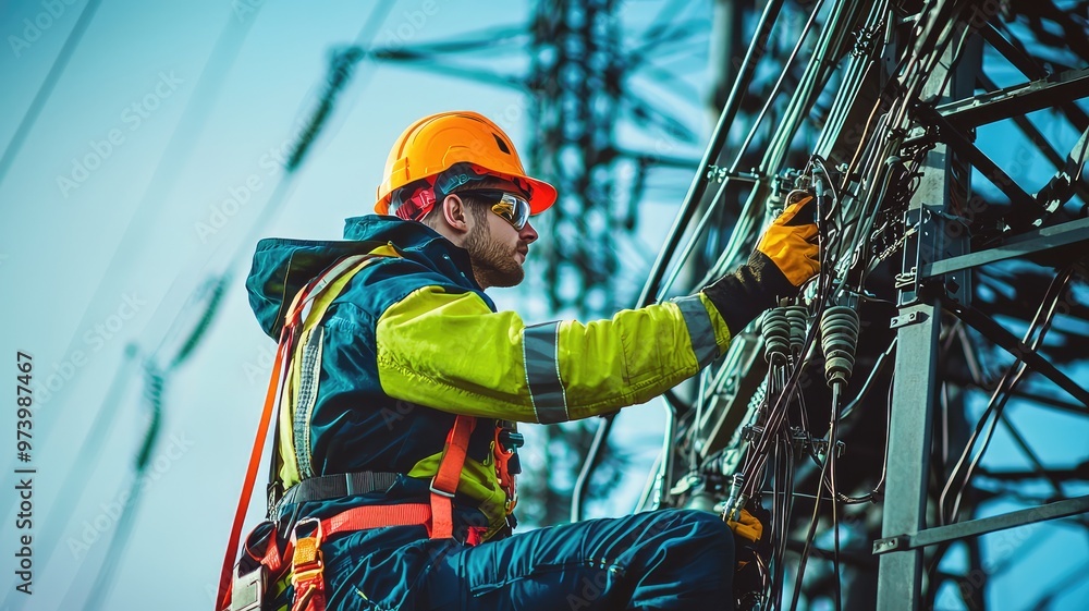 A skilled worker in safety gear performing maintenance on electrical infrastructure, ensuring reliable power supply. A skilled worker in safety gear performing maintenance on electrical infrastructure, ensuring reliable power supply.