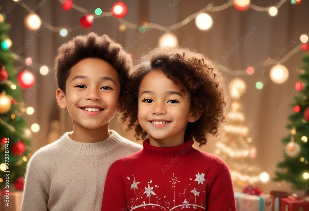 Photo portrait of siblings little boy and girl together eyes closed dreaming about gifts, boy and girl smiling Photo portrait of siblings little boy and girl together eyes closed dreaming about gifts, boy and girl smiling