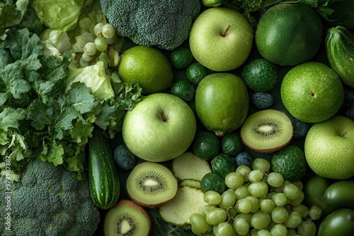 A vibrant assortment of green fruits and vegetables, showcasing freshness and health, perfect for promoting natural living.
