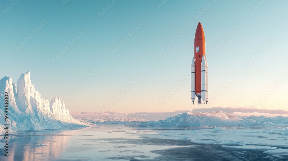 Naklejka premium A striking scene of a red rocket launching against an icy landscape, symbolizing exploration and innovation in a serene atmosphere.