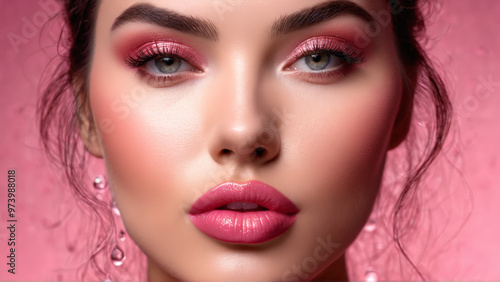 Wallpaper Mural Plump lipped woman with voluminous lip serum hydrating droplets juicy tint blurred rose background Torontodigital.ca