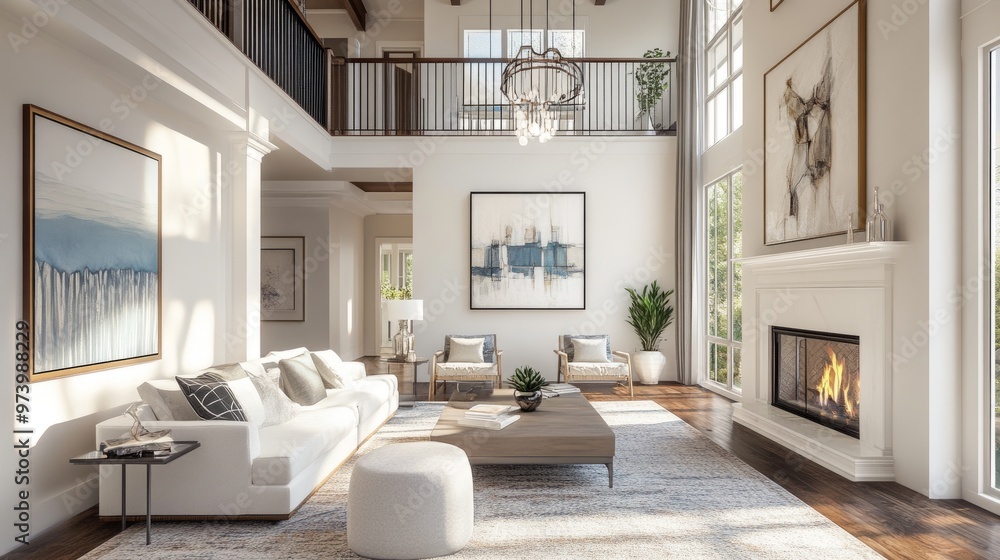 Elegant living room with high ceilings, modern art pieces, and a cozy fireplace, combining comfort and luxury perfectly.