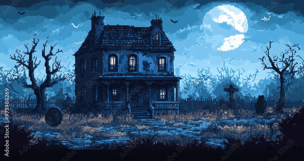 Fototapeta premium Retro Haunted Mansion in Surreal 8-Bit Aesthetic with Text Space, Haunted Mansion Setting and Blend Mode Finish