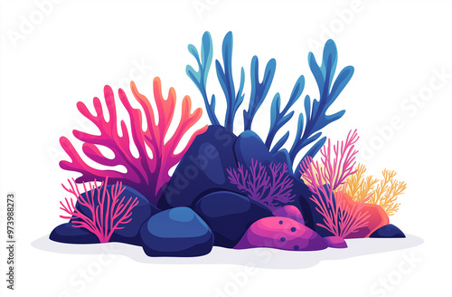 Background with sea bottom, corals, reef, seaweed. Vector abstract illustration of underwater landscape in cartoon style photo