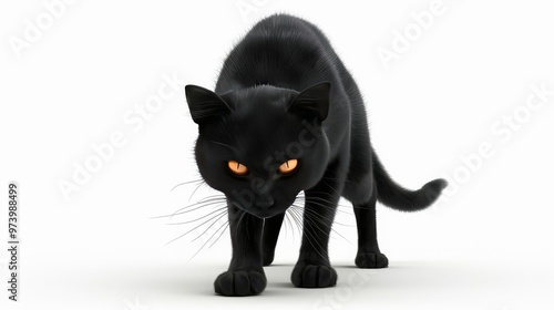 A black cat with arched back and glowing eyes isolated on white background