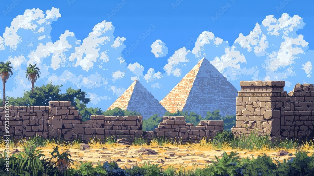 Mystical Ancient Egyptian Ruins with Pixel Art Pyramids and Copy Space in Multilayer Finish Mystical Ancient Egyptian Ruins with Pixel Art Pyramids and Copy Space in Multilayer Finish