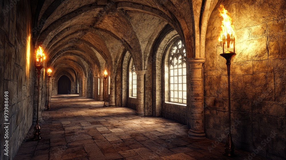 A stunning medieval corridor featuring arched ceilings, stone walls, and flickering torches, creating a mysterious atmosphere. A stunning medieval corridor featuring arched ceilings, stone walls, and flickering torches, creating a mysterious atmosphere.
