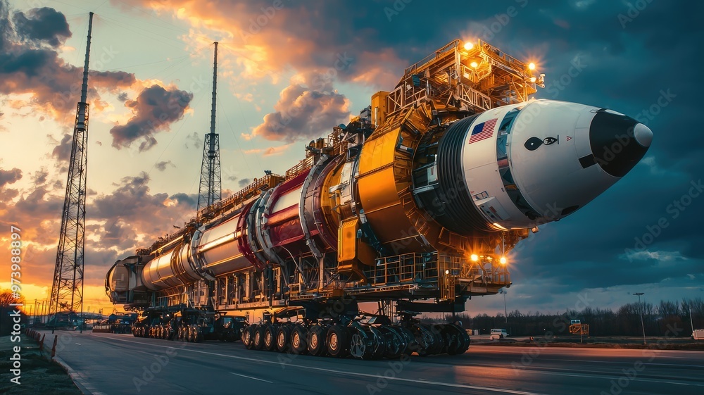 A stunning rocket at sunset, ready for launch, showcasing advanced engineering and technology in aerospace exploration. A stunning rocket at sunset, ready for launch, showcasing advanced engineering and technology in aerospace exploration.