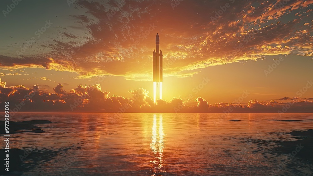 A stunning rocket launch at sunset, capturing the beauty and power of space exploration against a vibrant sky. A stunning rocket launch at sunset, capturing the beauty and power of space exploration against a vibrant sky.