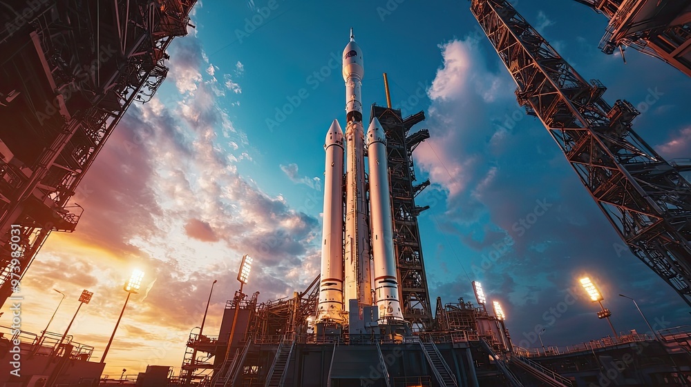 Obraz premium A stunning rocket launch at sunset, showcasing the power of space exploration and human innovation against a vibrant sky.