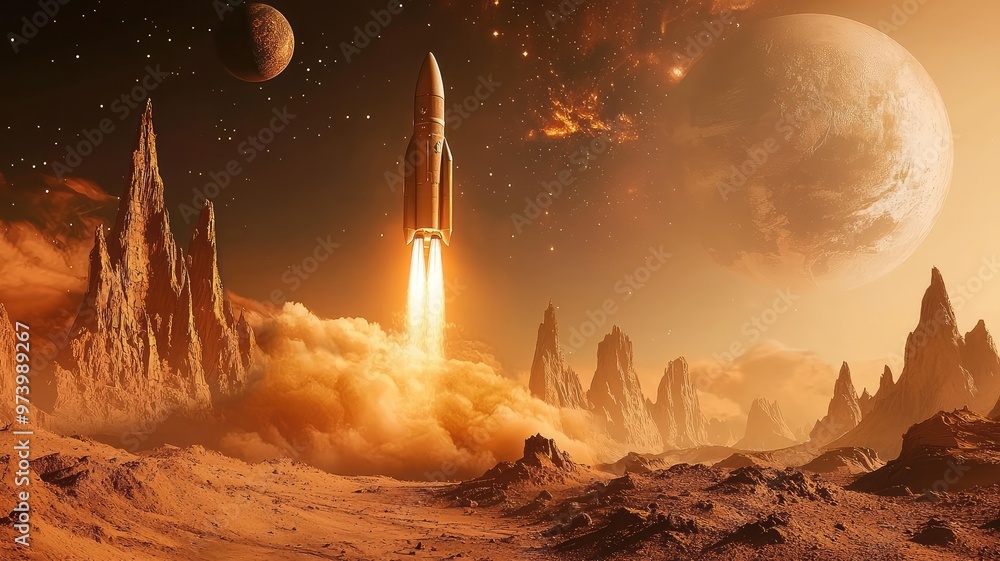 Fototapeta premium A stunning rocket launches into an orange sky, surrounded by planets and dramatic landscapes, showcasing the beauty of space exploration.