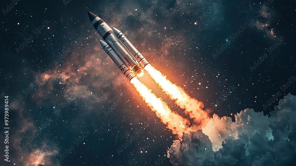 A stunning rocket launches into the starry sky, leaving a trail of fire and smoke against a backdrop of cosmic beauty. A stunning rocket launches into the starry sky, leaving a trail of fire and smoke against a backdrop of cosmic beauty.
