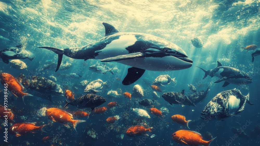 Fototapeta premium Pixelated Marine Life in Quiet Ocean Depths - Surreal Underwater Scene with Copy Space for Text - Blend Mode Finish