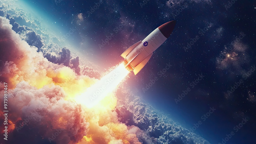 A stunning rocket launching into space, surrounded by vibrant clouds and a backdrop of stars, symbolizing exploration and innovation. A stunning rocket launching into space, surrounded by vibrant clouds and a backdrop of stars, symbolizing exploration and innovation.