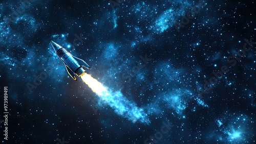 A stunning rocket launches into the vastness of space, surrounded by vibrant stars and swirling galaxies, capturing the essence of exploration.