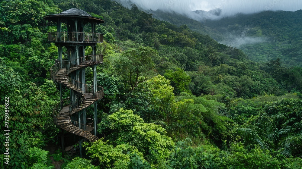 A stunning tower with a spiral staircase surrounded by lush greenery and misty mountains, perfect for nature and adventure enthusiasts. A stunning tower with a spiral staircase surrounded by lush greenery and misty mountains, perfect for nature and adventure enthusiasts.