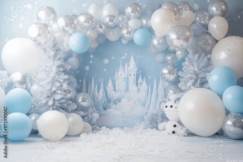 A whimsical winter wonderland scene with blue and white balloons, snowflakes, and a snowy backdrop, perfect for festive celebrations.