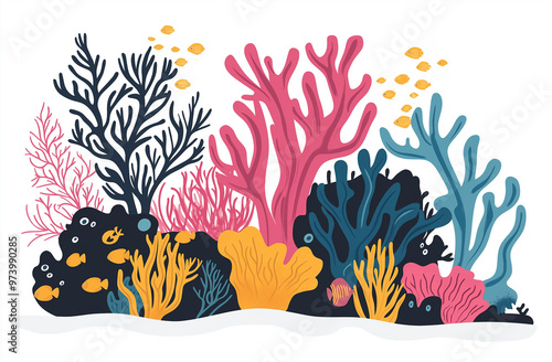 Background with sea bottom, corals, reef, seaweed. Vector abstract illustration of underwater landscape in cartoon style photo