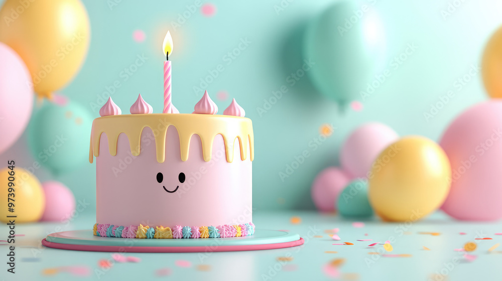 A minimalist 3D-rendered birthday cake in soft pastel tones with a smooth, glossy finish, featuring a single candle on top. A minimalist 3D-rendered birthday cake in soft pastel tones with a smooth, glossy finish, featuring a single candle on top.