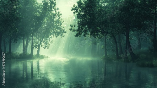 Pixelated Swamp Dreamscape with Minimalistic Trees and Copy Space in Whimsical Blend Mode Finish