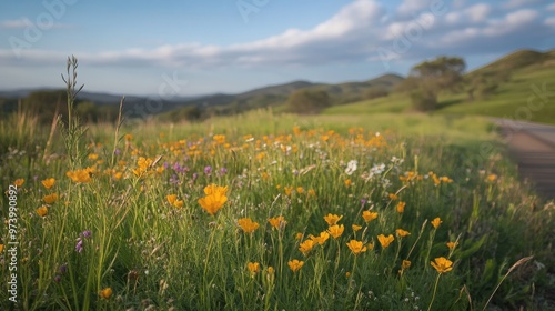 Roadside wildflowers stretch for miles along a quiet country road, their bright colors standing out against the soft, rolling hills in the background.