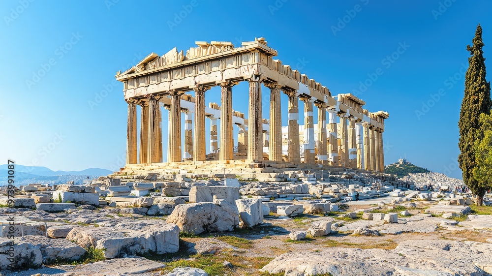 Fototapeta premium A stunning view of the Parthenon in Athens, showcasing ancient architecture against a clear blue sky.