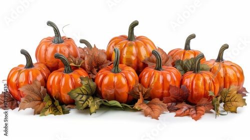 A pumpkin patch with several carved pumpkins isolated on white background photo