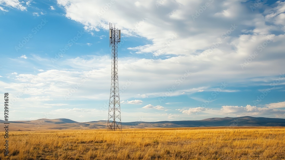 A tall communication tower stands against a vibrant sky, surrounded by golden grasslands and distant hills under fluffy clouds. A tall communication tower stands against a vibrant sky, surrounded by golden grasslands and distant hills under fluffy clouds.