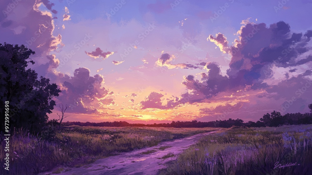 The dim light before dusk reflects off clouds in the sky, painting soft amber and lavender hues as the day comes to a quiet close.