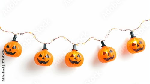 A set of Halloween-themed string lights shaped like pumpkins isolated on white background photo