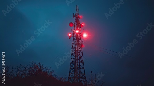 A tall communication tower illuminated by red lights against a dark, moody sky, symbolizing technology and connectivity.