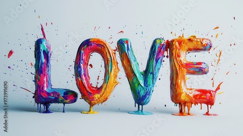 Colorful and artistic depiction of the word 'love' made with vibrant paint splashes. Perfect for expressing joy and affection. photo