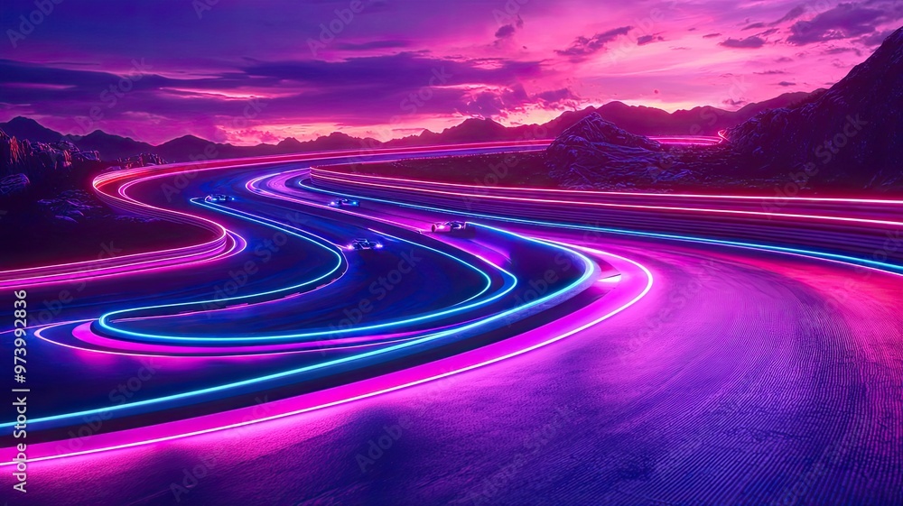 Fototapeta premium A vibrant neon light trail on a winding road during sunset, showcasing a stunning blend of colors in a serene landscape.