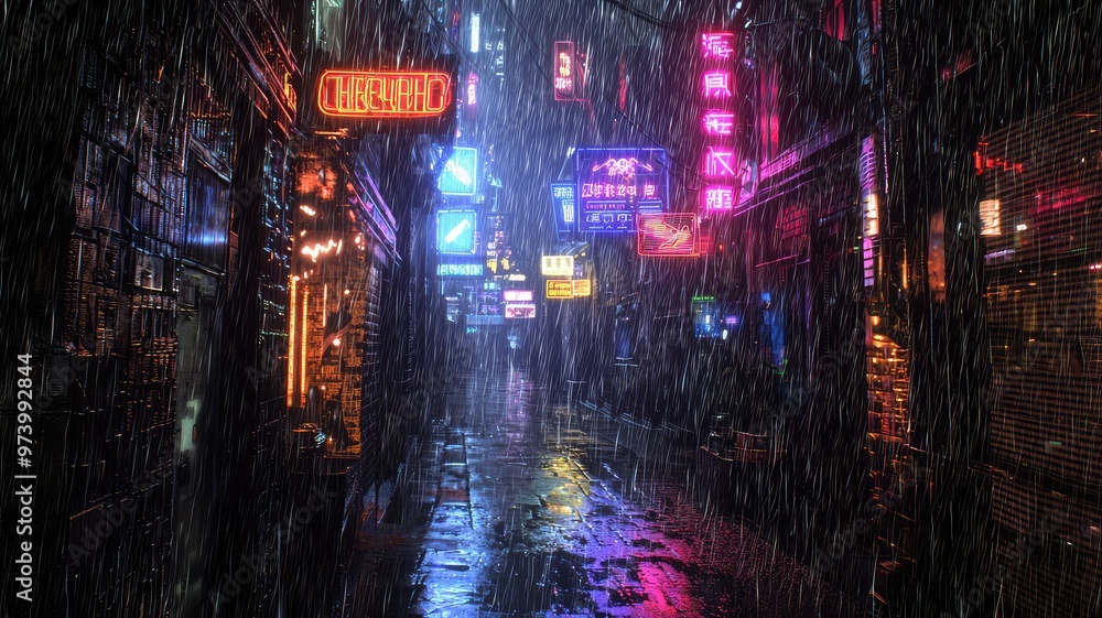A vibrant neon street illuminated in the rain, showcasing a captivating urban atmosphere and lively signs at night. A vibrant neon street illuminated in the rain, showcasing a captivating urban atmosphere and lively signs at night.
