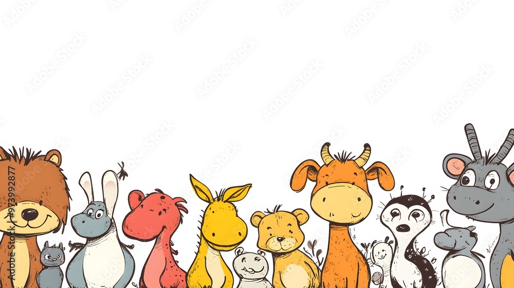 Cartoon Animals in a Line with White Background Cartoon Animals in a Line with White Background