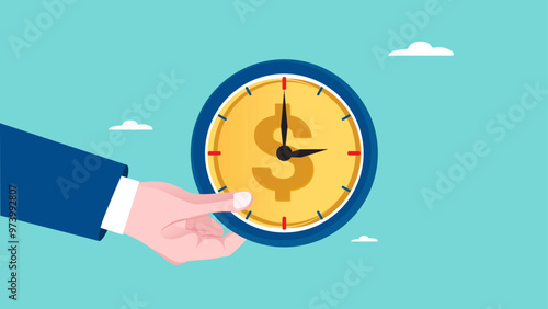 Time is money, long term investment to gain profit earning, Growth Earning From Compound Interest, salary growth increase, interest rate return from saving, businessman hand holding gold coin clock