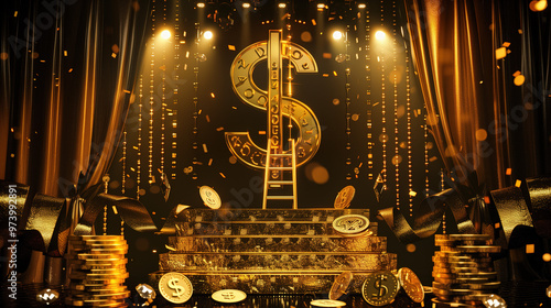 Golden Dollar Podium with Ladder and Ribbon Decoration on Black Background, Featuring Abstract Golden Letters and Floating Stars in a Hyper-Realistic, High-Detail Illustration. Luxurious and Elegant C photo