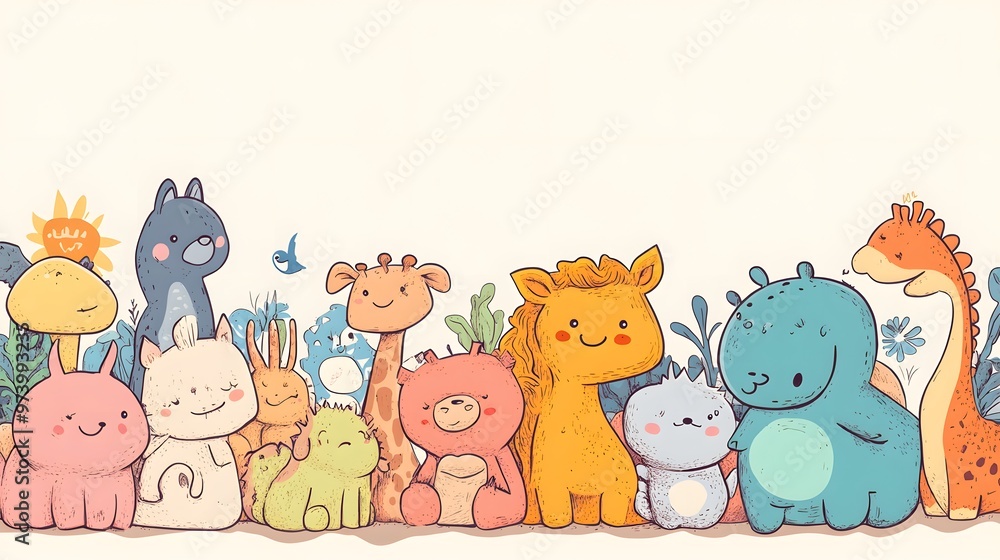 Obraz premium A group of cute cartoon animals with big smiles and colorful bodies.