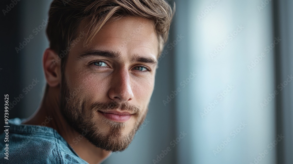 Fototapeta premium A young man with a charming smile and captivating eyes, looking thoughtfully at the camera in a modern space.