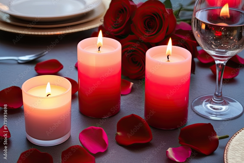 Intimate Valentine's Evening Celebration with Romantic Candles and Rose Petals Intimate Valentine's Evening Celebration with Romantic Candles and Rose Petals